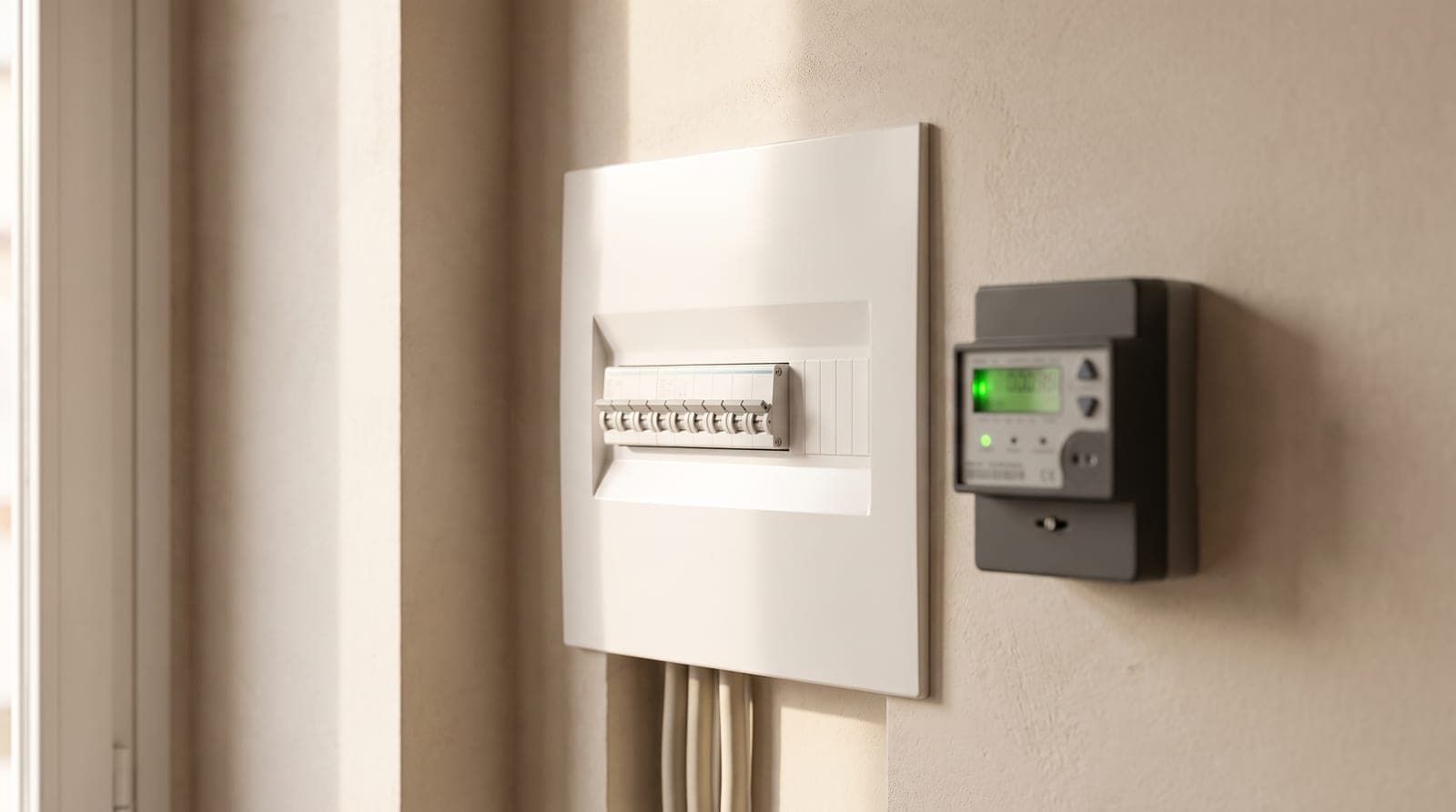 Cuadro eléctrico doméstico con automáticos blancos y un contador digital en la pared de una vivienda española, iluminado por luz natural de tarde.