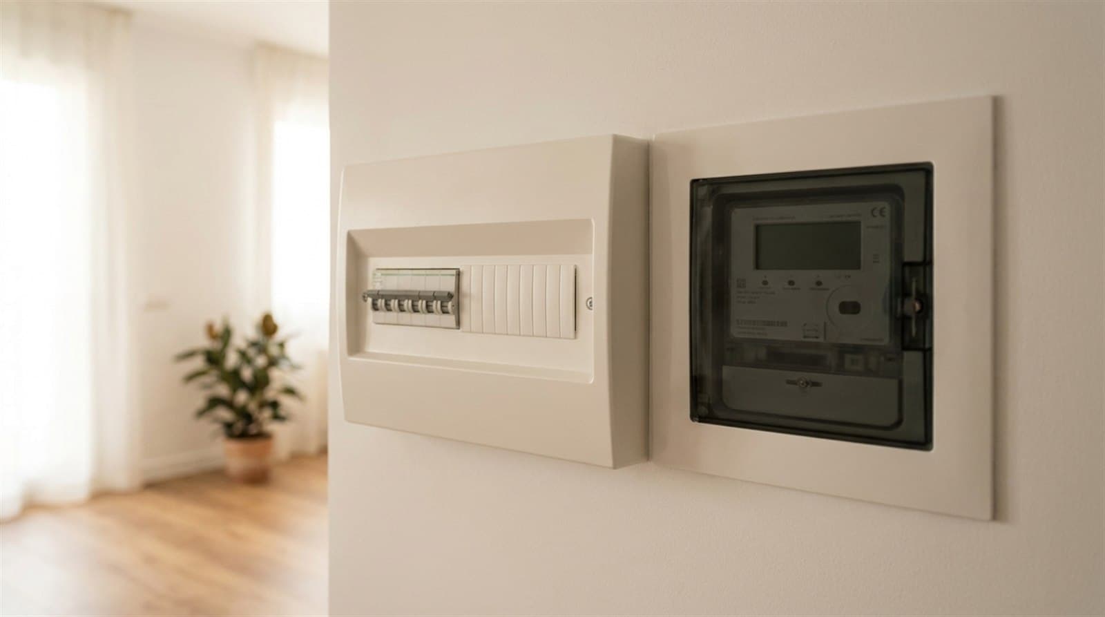 Cuadro eléctrico con automáticos y contador digital de luz en la pared de una vivienda luminosa
