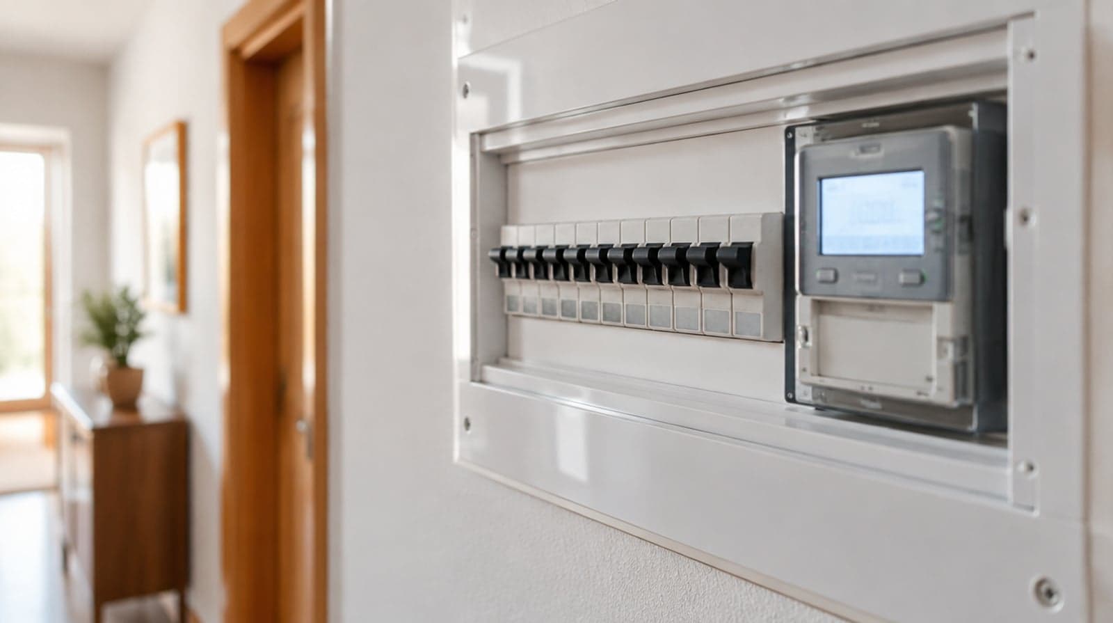 Cuadro eléctrico con interruptores y contador digital de una vivienda española