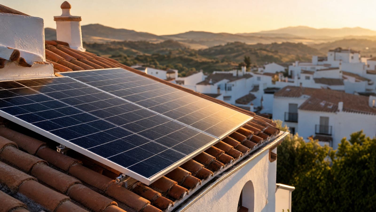 Placas solares fotovoltaicas sobre el tejado de tejas de una casa encalada de un pueblo blanco andaluz, al atardecer, con más casas blancas y colinas al fondo.