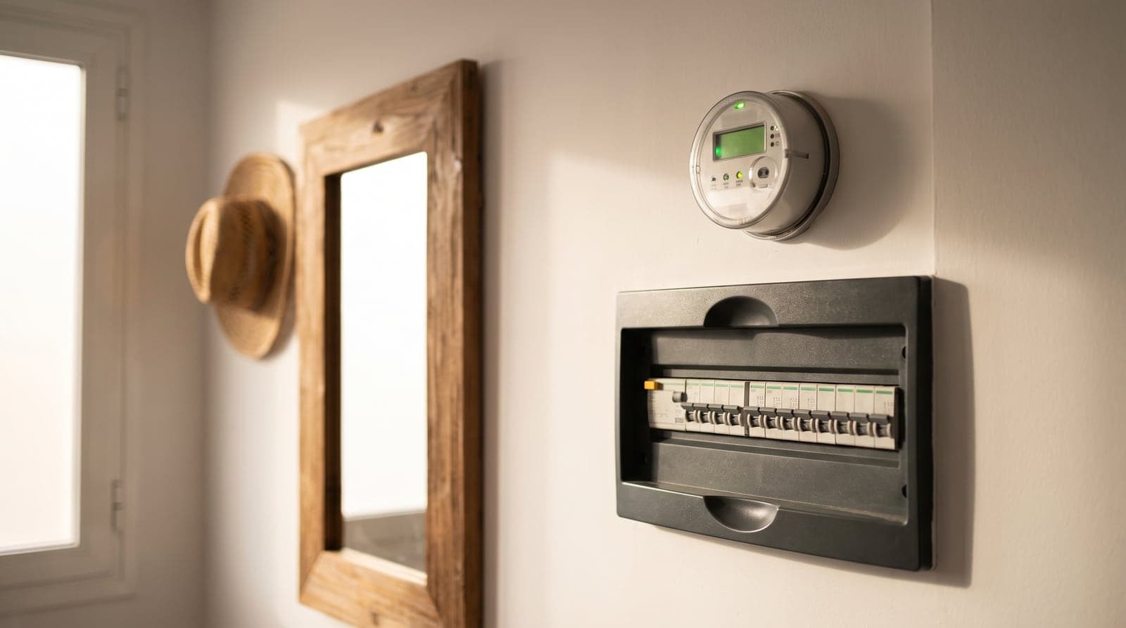 Cuadro eléctrico doméstico moderno con contador digital en la pared blanca del recibidor de una vivienda española, iluminado por la luz cálida de la tarde.