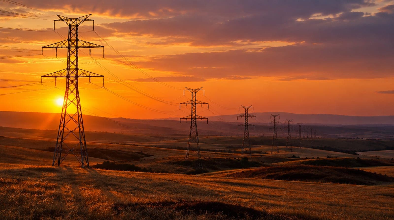Torres de alta tensión cruzando una llanura de Castilla al atardecer, con el sol poniéndose entre los cables.