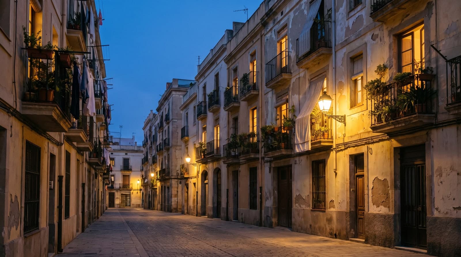 Calle residencial de un pueblo mediterráneo español al anochecer, con las ventanas de las casas iluminadas a la hora de la cena.