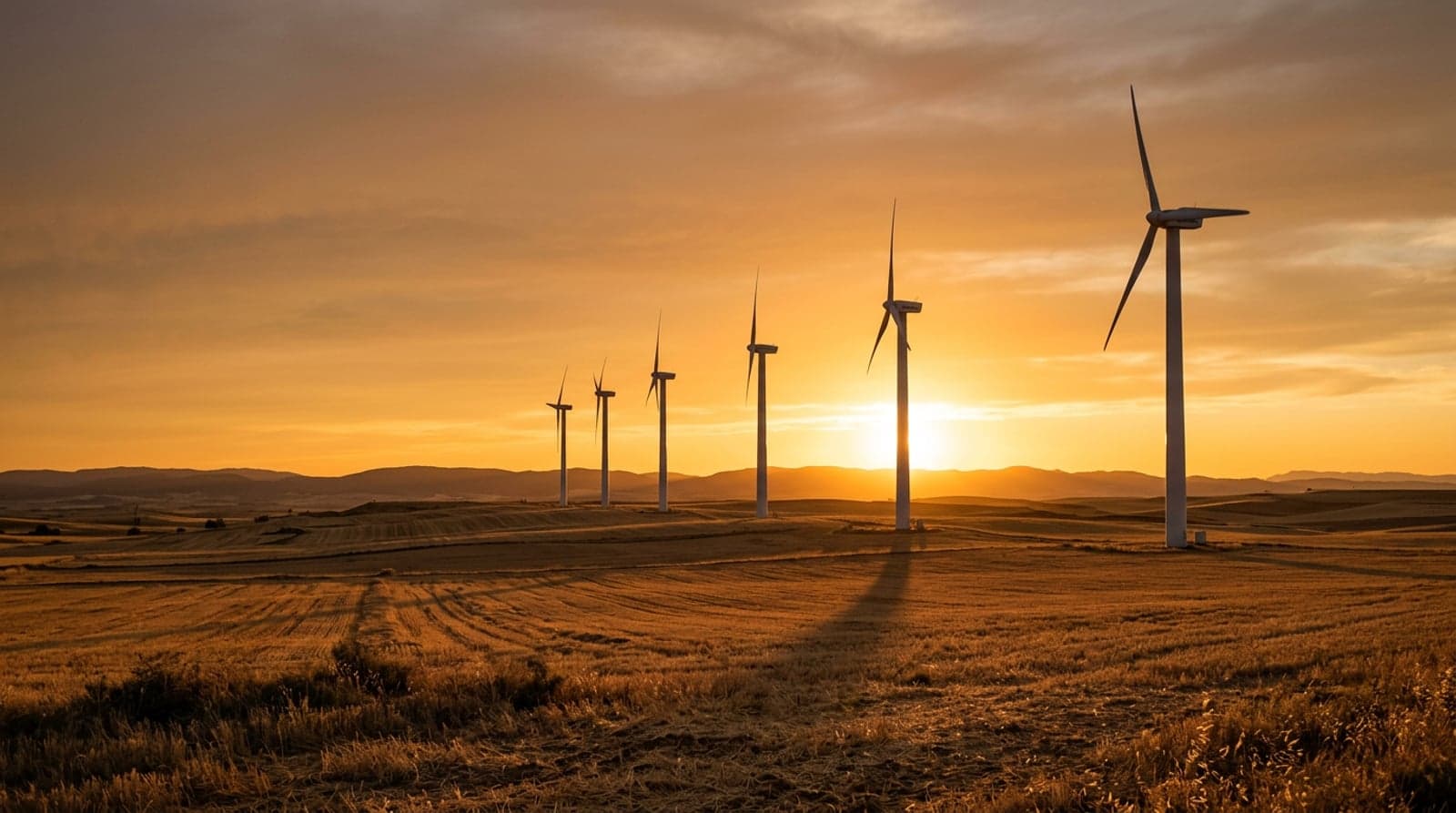 Fila de aerogeneradores blancos sobre una meseta de campos de cereal segado en el interior de España, con el sol poniéndose justo detrás de las torres y el cielo dorado del atardecer.