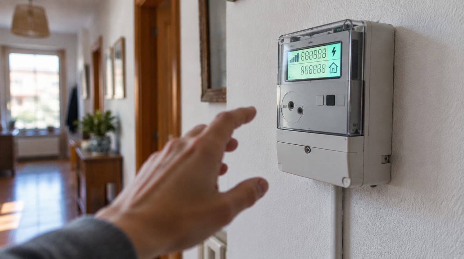 Contador eléctrico digital moderno en la pared de una vivienda española, con luz natural de tarde y una mano acercándose a la pantalla.