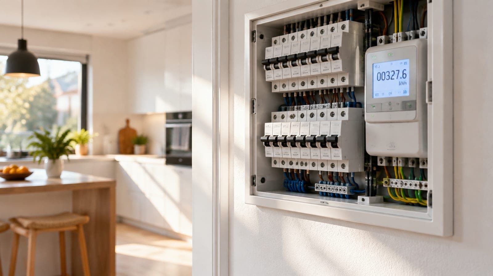 Cuadro eléctrico moderno de una vivienda española con contador inteligente y automáticos, luz de mañana entrando por la ventana