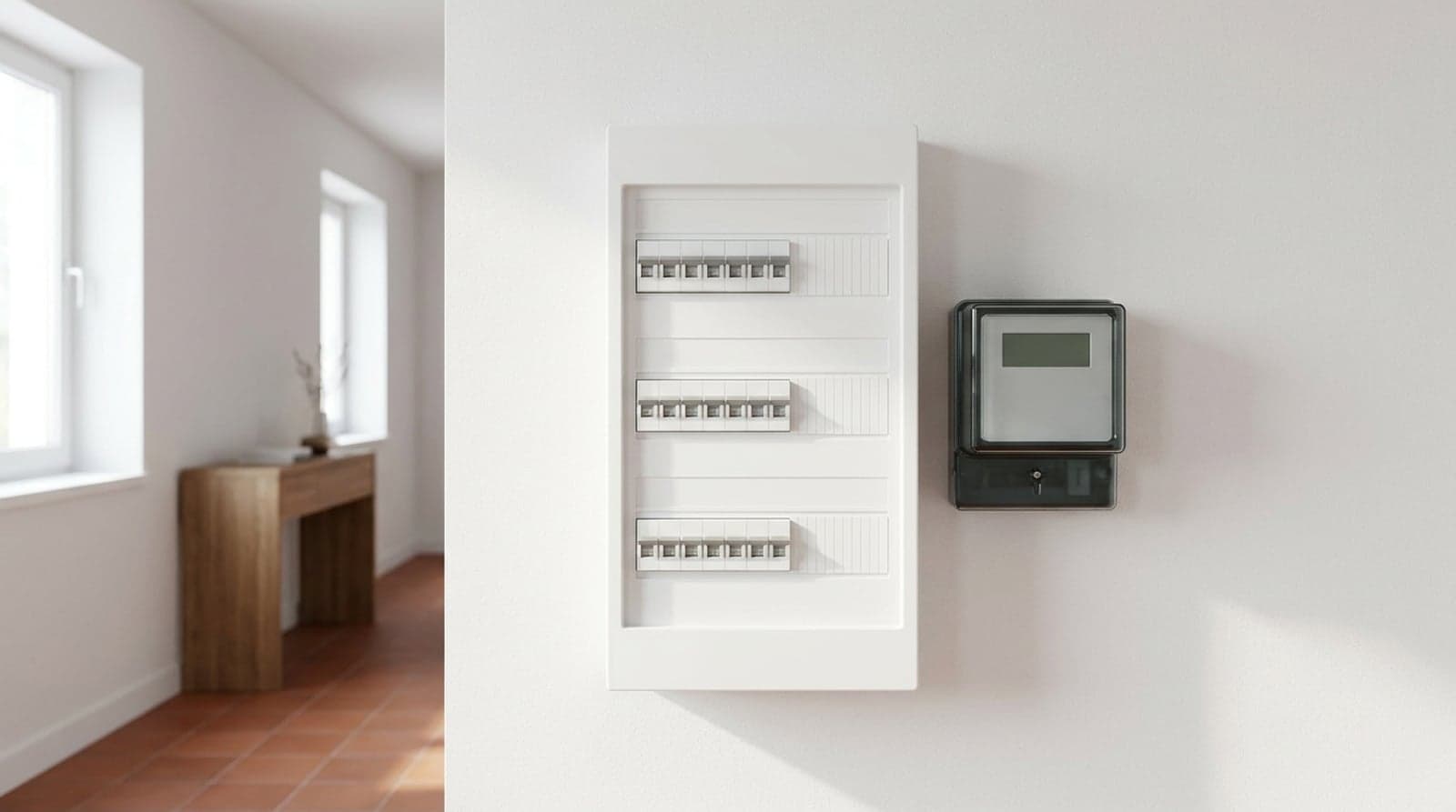Cuadro eléctrico doméstico blanco con sus magnetotérmicos y un pequeño contador digital de luz en la pared de un piso mediterráneo iluminado por luz natural