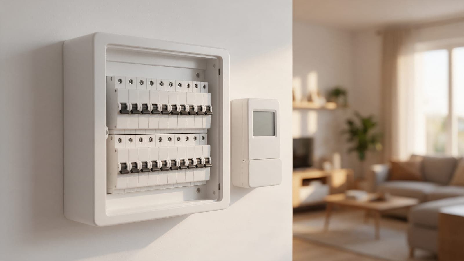 Cuadro eléctrico doméstico con interruptores blancos y un contador digital junto a un salón en penumbra, en una vivienda española.